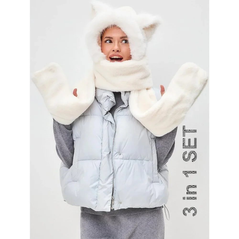 Kids Lvory Faux fur Cute Cat Ears Winter Hat, 3 in 1 Plush Animal Hat Imported